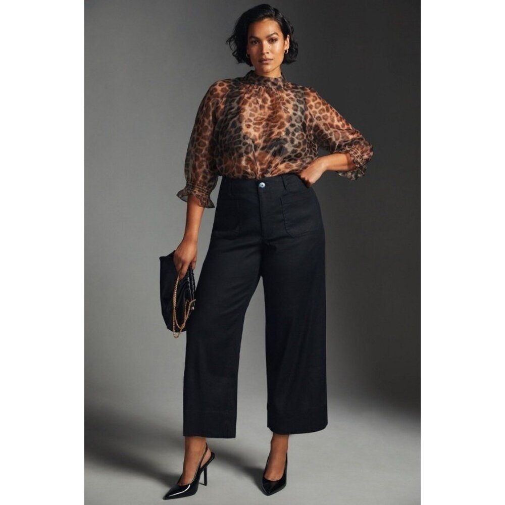 NWT Size 33T - The Colette Linen Blend Crop Wide-Leg Pants Black (NWT US$ 138)